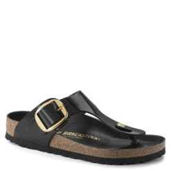 Birkenstock Women's Big Buckle Gizeh Natural Leather Patent In Black